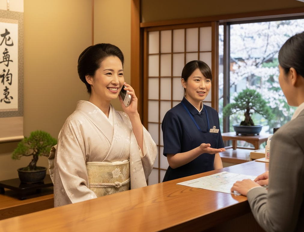 笑顔で予約電話に対応する女将さん